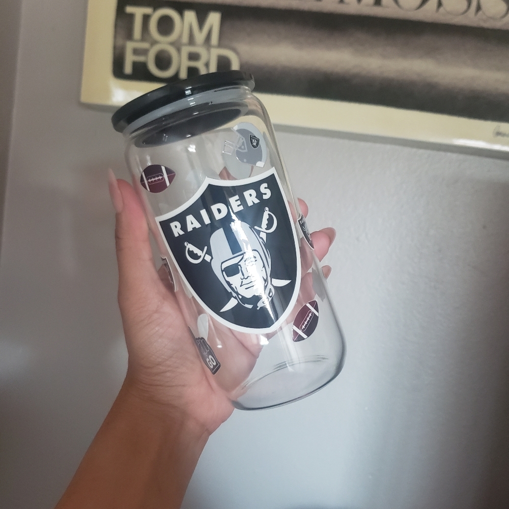 Raiders Glass Cup with Black Lid